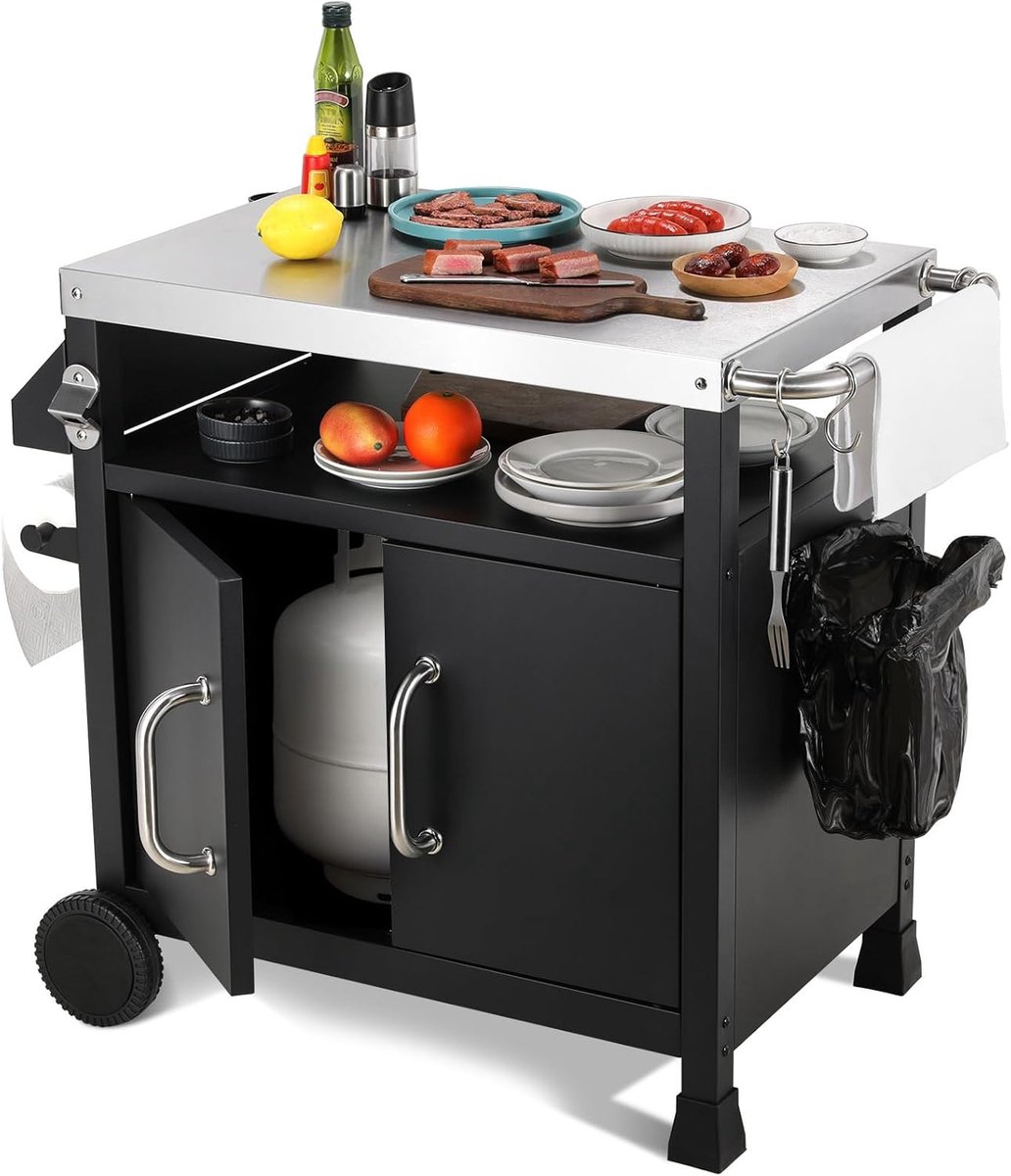 Barbecuewagen van roestvrij staal, grilltafel met haken, 2 wielen en kast, dessert voor buiten, 3 niveaus, roestvrij stalen tafelblad, grillwagen voor terras en pizzaoven