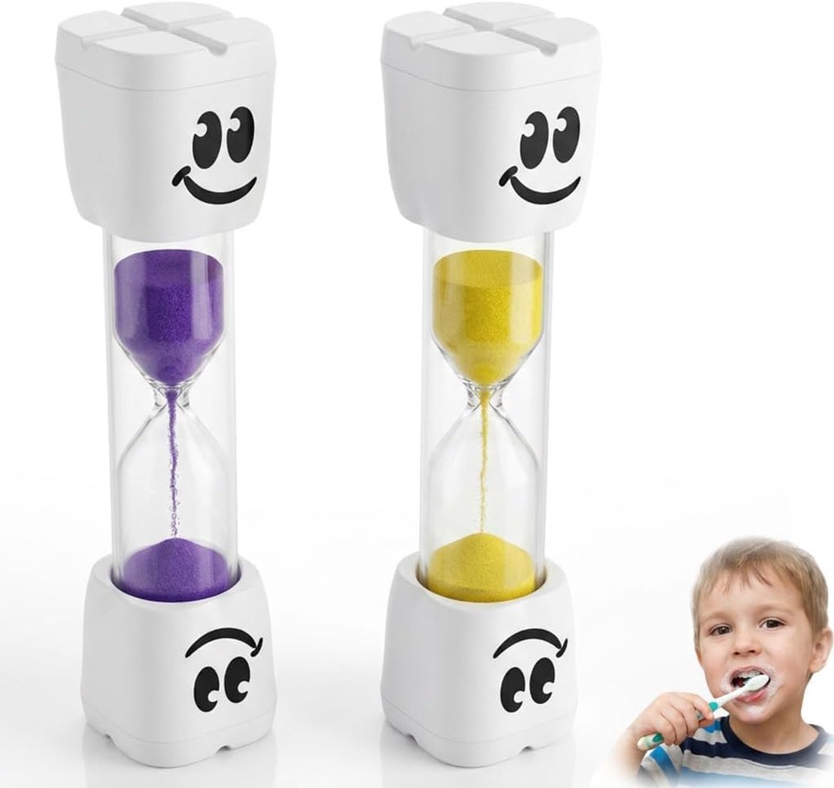 2 stuks zandlopers, tandpoetsen, zandloper 2 minuten in geel en paars, geschikt voor keuken, kantoor, spelletjes, duurzaam tandenpoetsen, kinderen en tijdmanagement