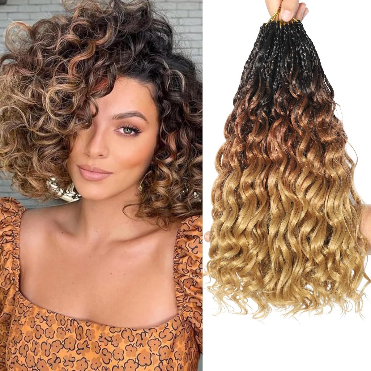 Looped Ocean Wave Crochet Hair 14 Inch 8 Packs Boho Style Hair Extensions Short Curly Crochet Hair Pre Twisted Synthetic Deep Wavy Curly Braiding Hair for Women (1B/30/27)