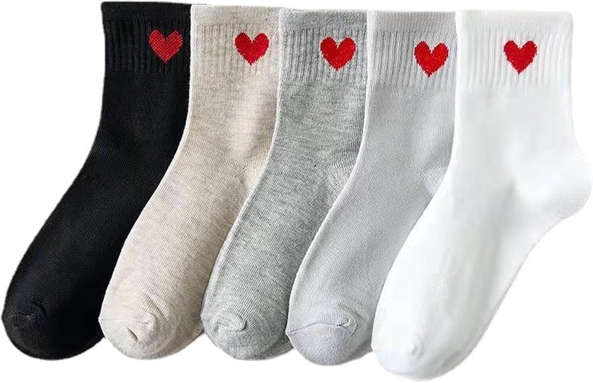 Tennissokken voor dames, hart, 5 paar, casual sokken, 37-42 huissokken, witte tennissokken, katoenen sokken, sportsokken, knuffelsokken voor dames (5 kleuren), zwart, wit, donker