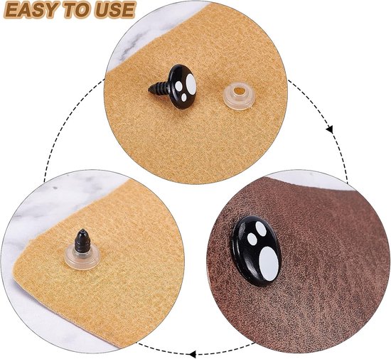 100 stuks 5 maten hars-veiligheidsogen, handwerk, ogen, zwarte stoffen ogen met 100 stuks sluitringen voor pluche dier maken (8 mm, 10 mm, 12 mm, 14 mm, 16 mm) — afbeelding 4