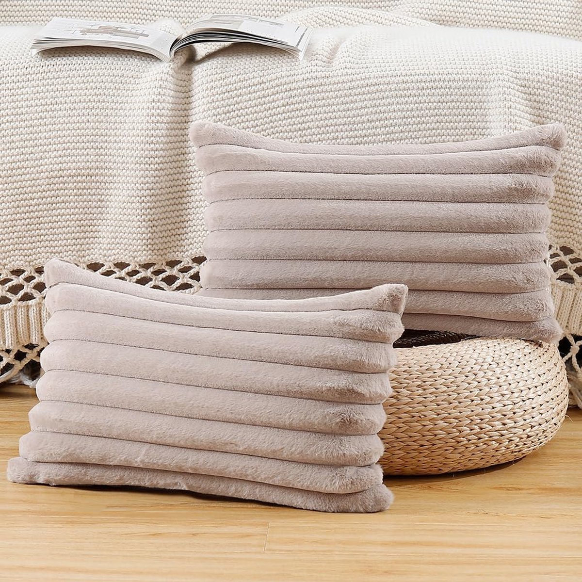 Set van 2 namaakwollen pluche decoratieve kussenslopen fluffy zachte decoratieve kussenhoes voor bank slaapkamer kussensloop 40x80 cm Taupe