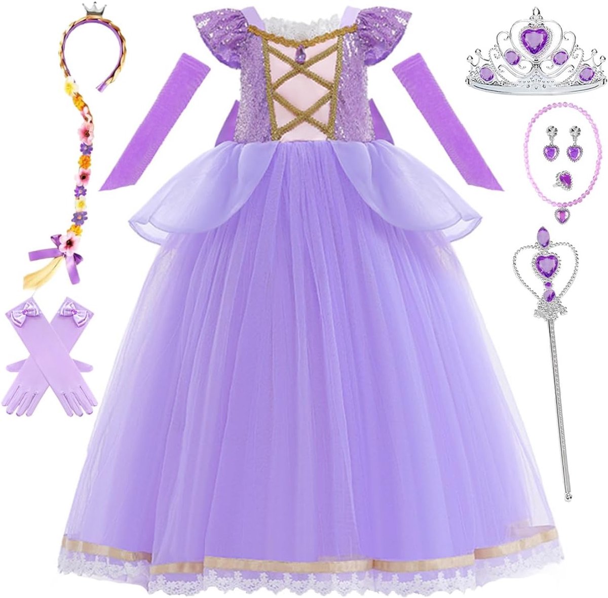 Kostuum meisjes prinses jurk paars kinderen met accessoires voor carnaval verkleden