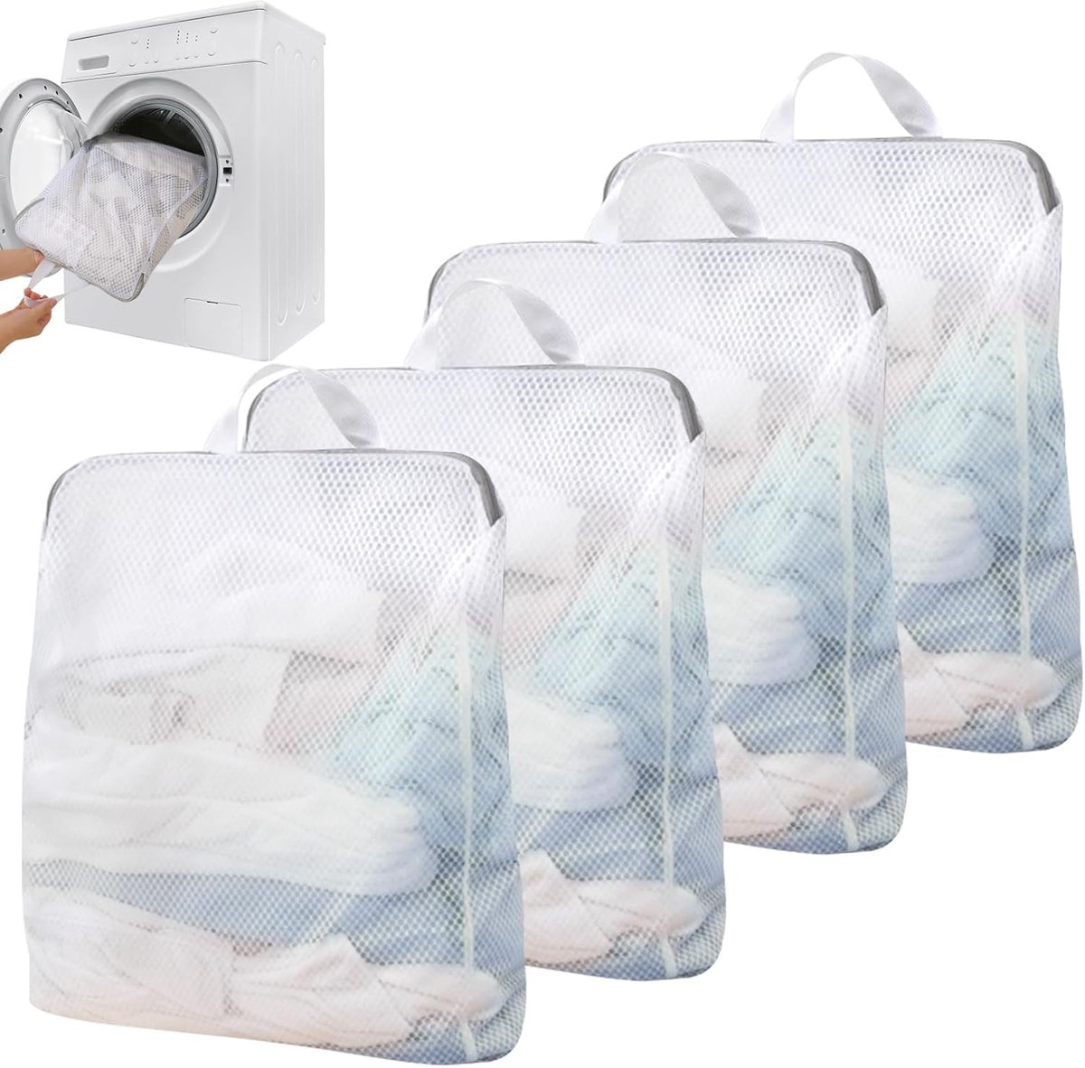 4 stuks wasnet, groot, voor wasmachine, 50 x 60 cm, waszak met handgrepen | waszak met ritssluiting, herbruikbare waszakken voor ondergoed, slipjes, beha's, truien, sjaals