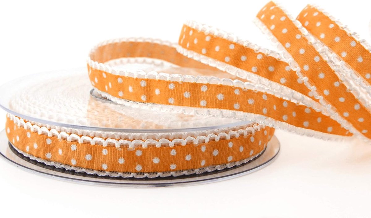 20 m x 15 mm Dekoband Emily Orange gestippeld met kant op de rand lint lint lint om te naaien decoreren cadeaulint vintage landhuis