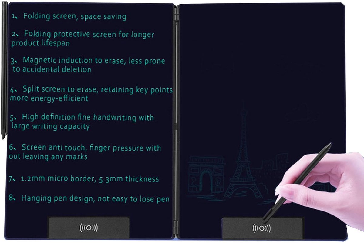 14,3 Inch Opvouwbaar LCD-schrijftablet, Schetsblok op Volledig Scherm Frameloos Ontwerp Groen Display met Styluspen, Herbruikbare LCD-tekentafel voor Kinderen Leren