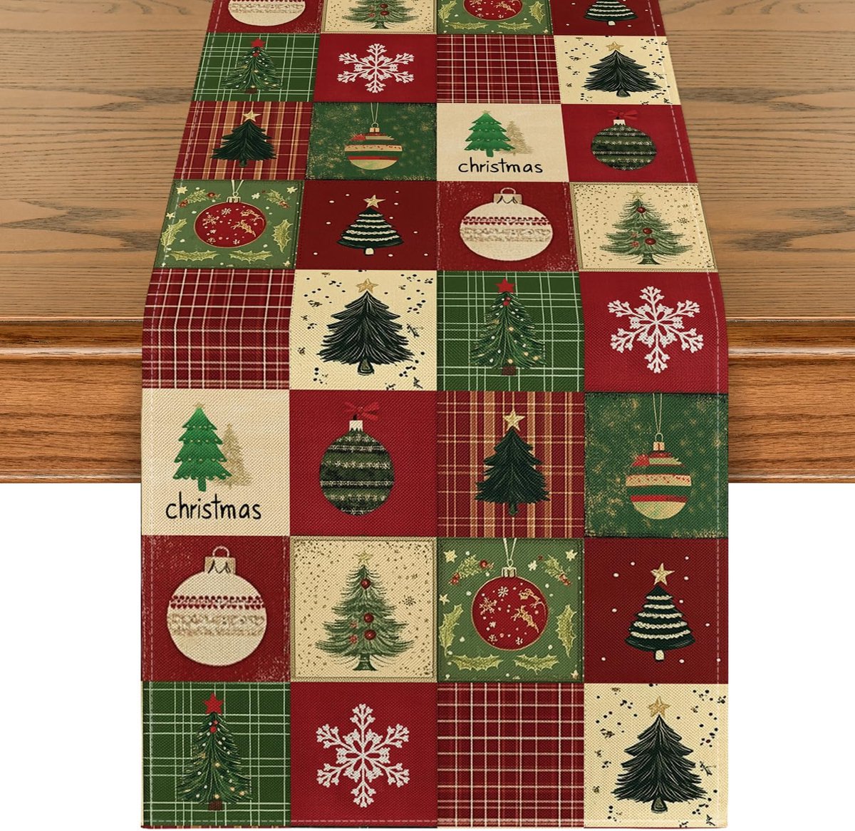 Mode Tafelloper, geruite bomen, kerstballen, sneeuwvlokken, winter, Xmas, keuken, tafel, decoratie, vakantie, feest, decoratie, 40 x 180 cm