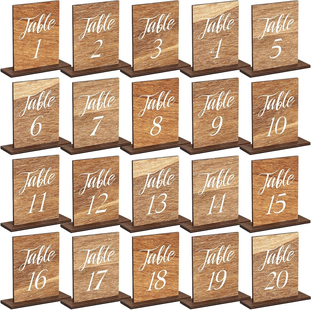 20 stuks houten tafelnummers 1-20 bruiloftstafelnummers met houten basis rustieke huwelijkscentrumstukken voor tafels nummer houten bord voor banket restaurant feestdecoratie, 3,9 x 5,9 inch