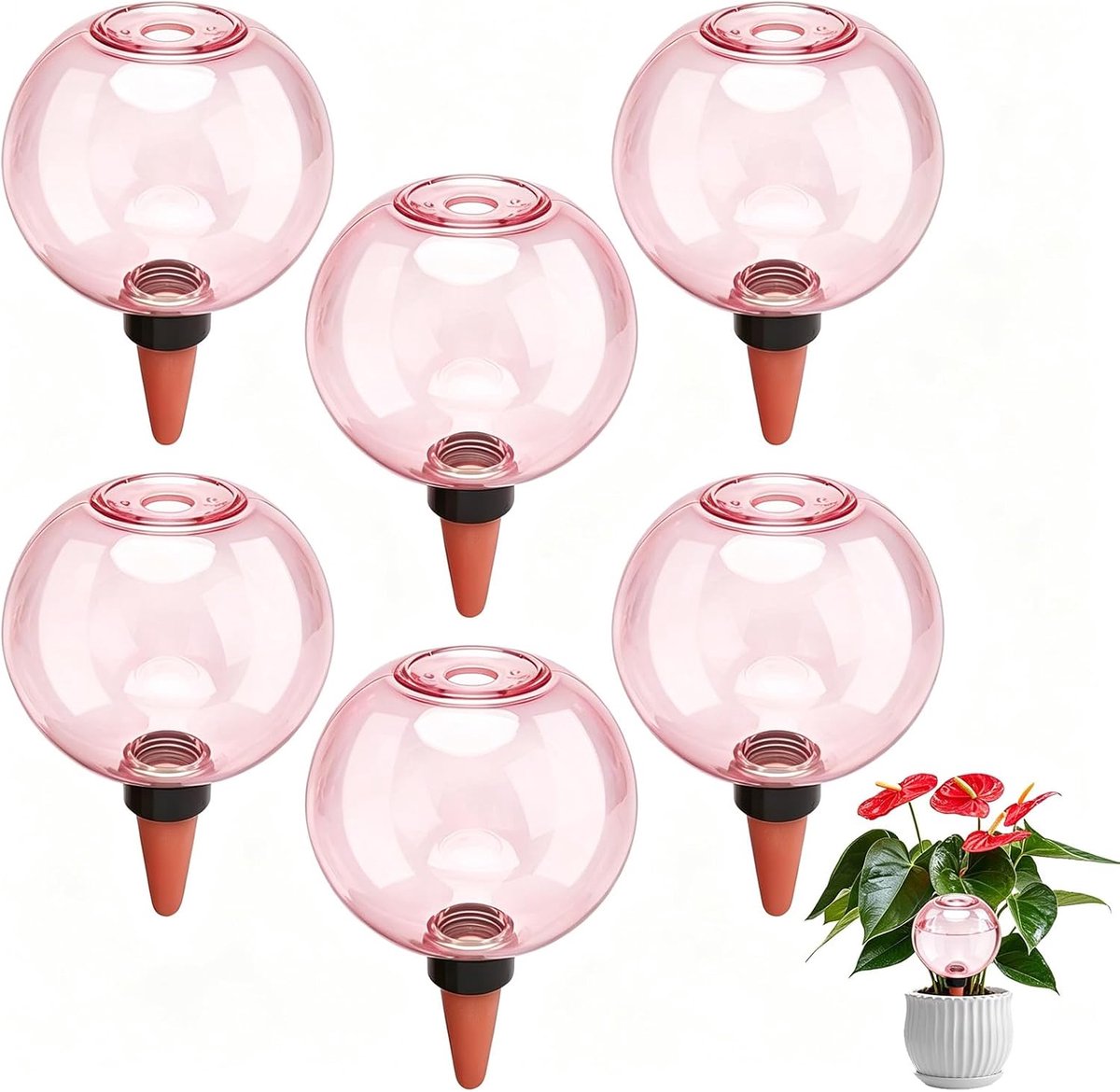Bewateringsballen voor planten, 6 stuks automatische plantenbewatering, 500 ml transparante irrigatiebal, voor planten irrigatie van kamer, balkon en tuinplanten (roze)