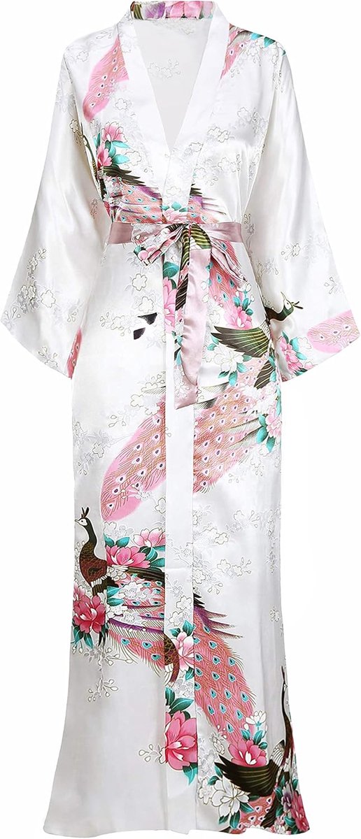 Kimono ochtendjas, kimono-gewaad met pauwenmotief, kimono-vesten voor vrouwen, bruiloft-meisjespyjama voor gezelligheidsbijeenkomsten van 135 cm