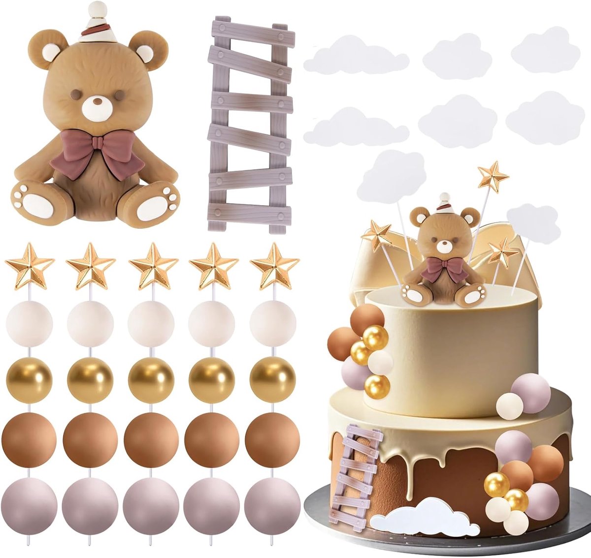 33 stuks babyshower bruine teddybeer taartdecoratie, doop jongen meisjes 1 jaar voor beer, verjaardagsfeest