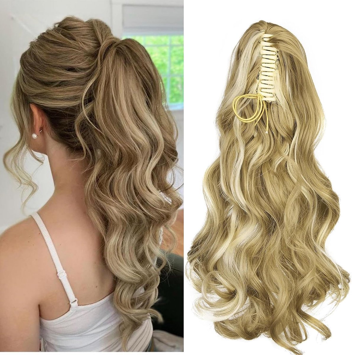 Extension met Klem Clip in Paardenstaart Haardeel Vlecht Krullend 45cm Klauw Paardenstaart Haarverlenging zoals Golvend Lang Synthetisch Haar, Zandblond & Gebleekt blond