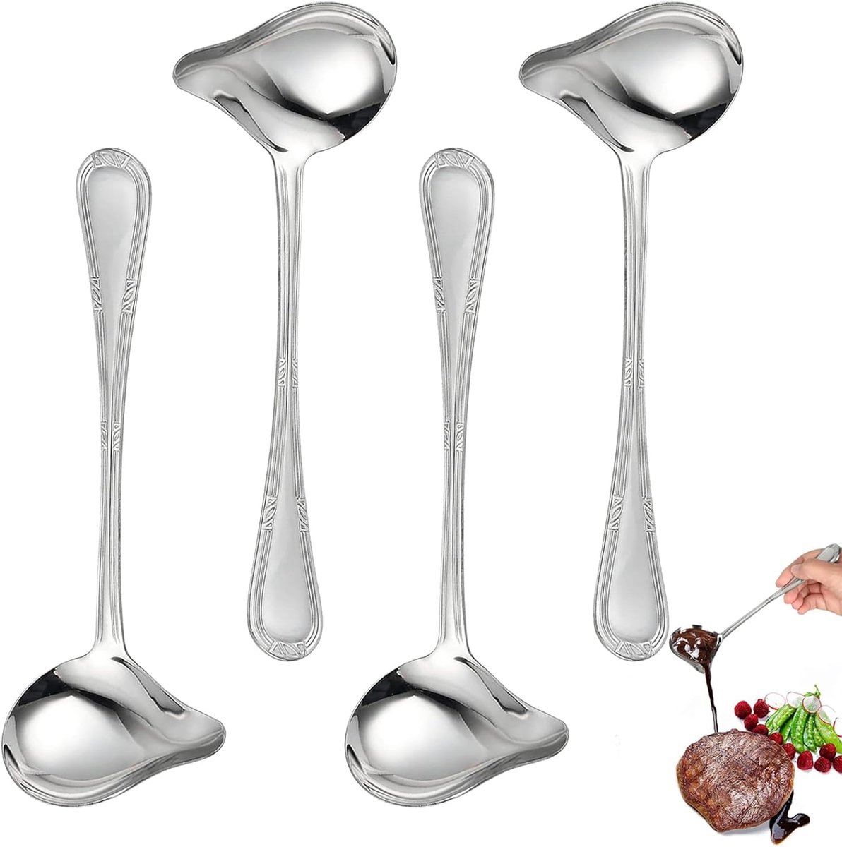 Sauslepels van roestvrij staal, 20,5 cm, lange steel, sauslepel met schenktuit, kruidenlepel, voor soepen, sauzen, stoofschotels en meer