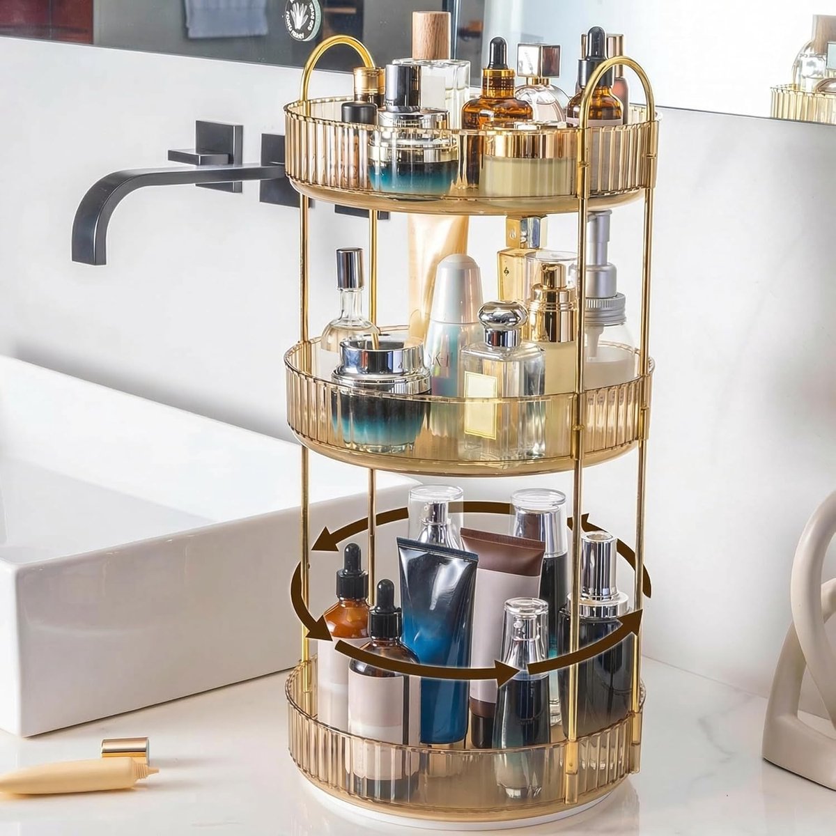 360° roterend, draaiende organizer voor cosmetica, huidverzorgingsproducten, parfum, kruiden, make-up, voor dressoir, slaapkamer, badkamer (3 lagen goud)