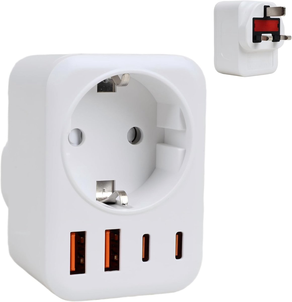 5-in-1 reisadapter EU naar UK met 4 USB (2 USB-C), 3250W stekkeradapter Engeland met 13A BS1362 zekering, reisstekker Schuko voor Londen, Ierland, Dubai, wit