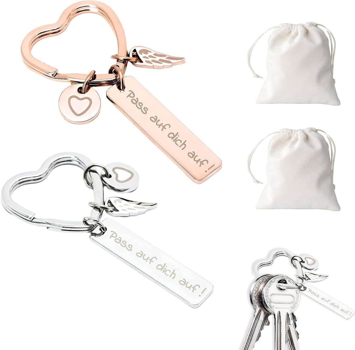 Set van 4 hartvormige sleutelhangers, geluksbrenger met 2 kleuren en trekkoord, roestvrij stalen beschermengel, sleutelhanger met gravure "Pass auf Dich auf!", voor vrouwen, Valentijnsdag, zilver, NO