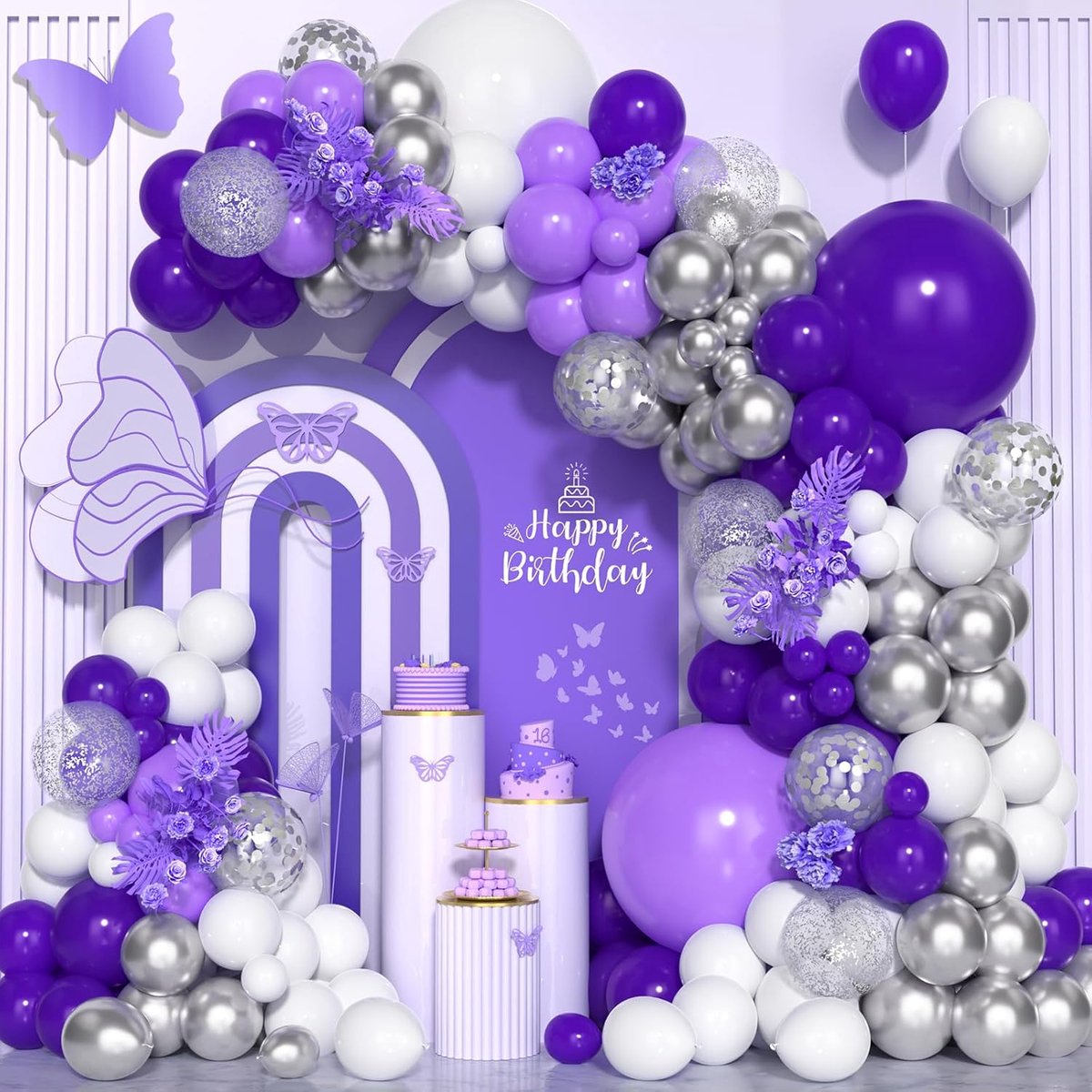 Ballonboog kit, 130 stuks mat donkerpaars witte ballonslinger latex zilveren confetti ballonnen voor meisjes jongens verjaardag babyshower bruiloft bruidsdouche verjaardag