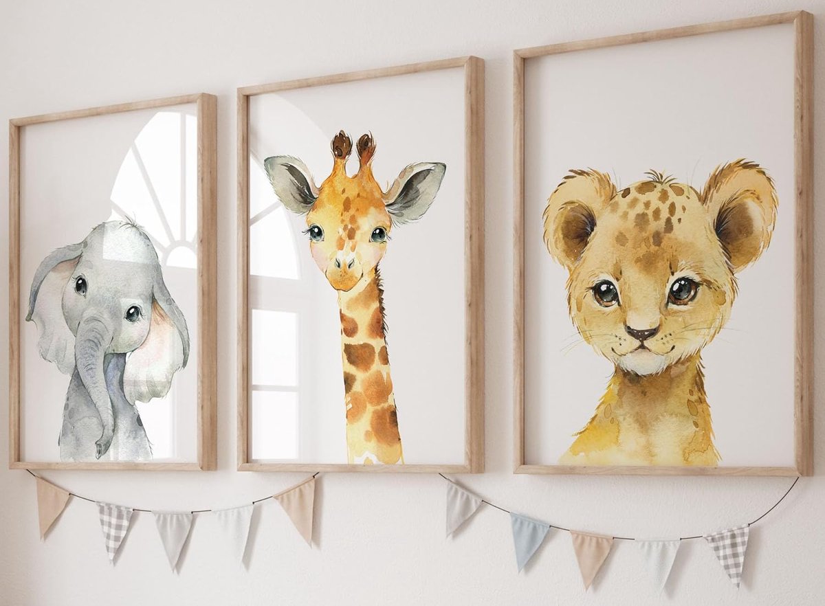 Wanddecoratie Posters Baby Safari Set van 3 - A3 Formaat - Dieren Olifant, Giraffe, Leeuw - Perfect voor Kinderkamer - SnelShoppen