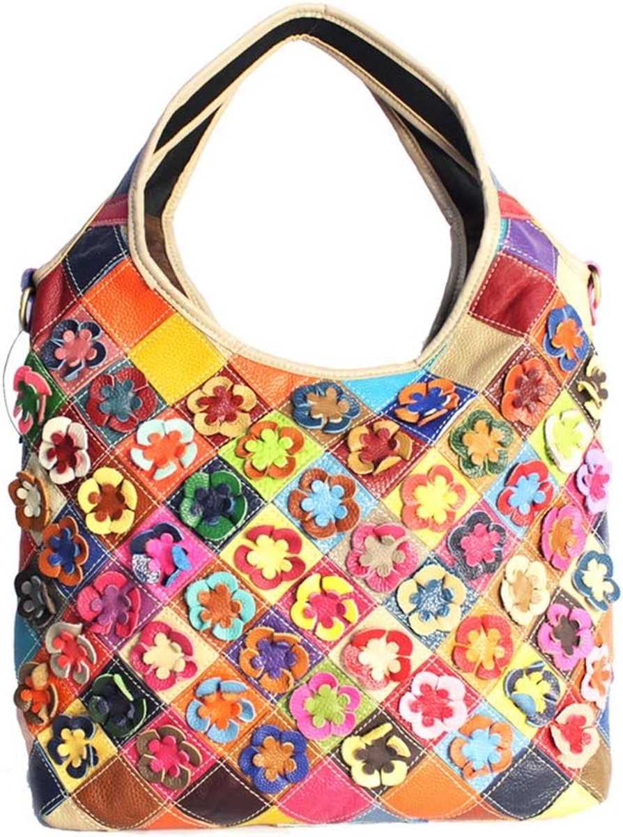 Schoudertas voor dames - multi-kleurig bloemenpatroon - vintage koeienhuid leer - ideaal voor reizen - SnelShoppen