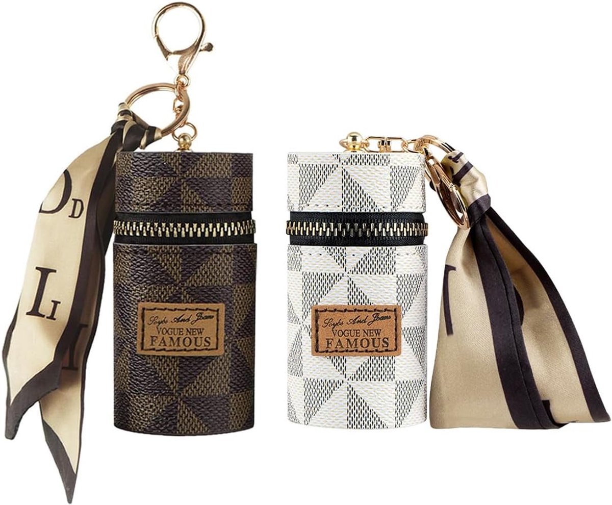 Bag Charm - Compact mini sleutelhanger - Wit en bruin - Multifunctionele organizer voor lippenstift en oordopjes - SnelShoppen