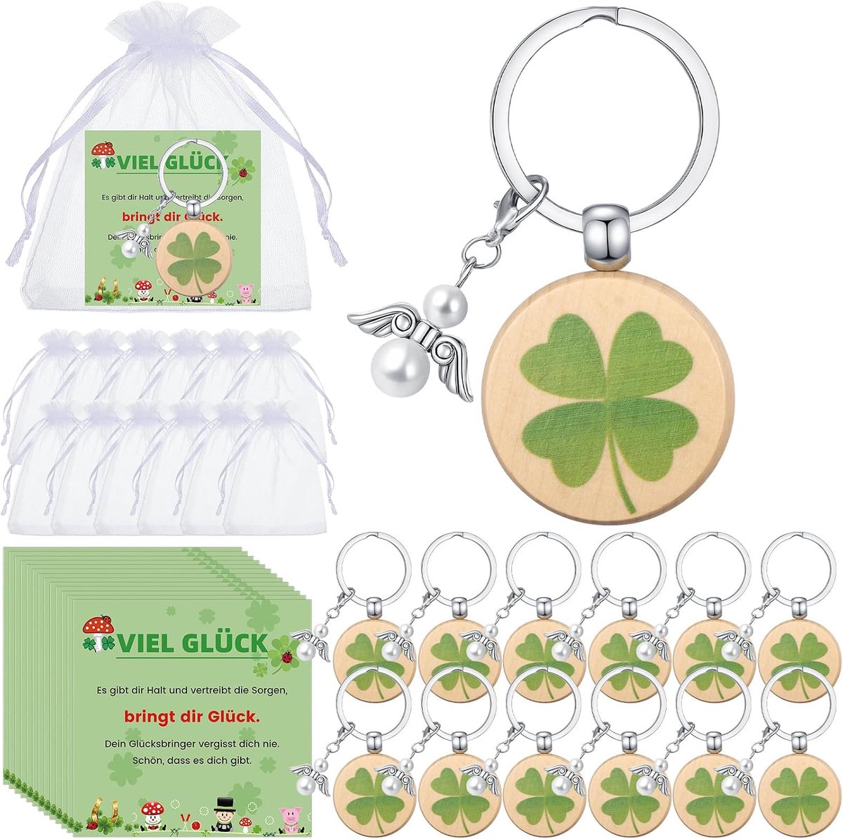 Gelukscharms set van 12 - sleutelhangers, engelen sleutelhangers, kaarten en organza tassen - perfect als cadeau - SnelShoppen