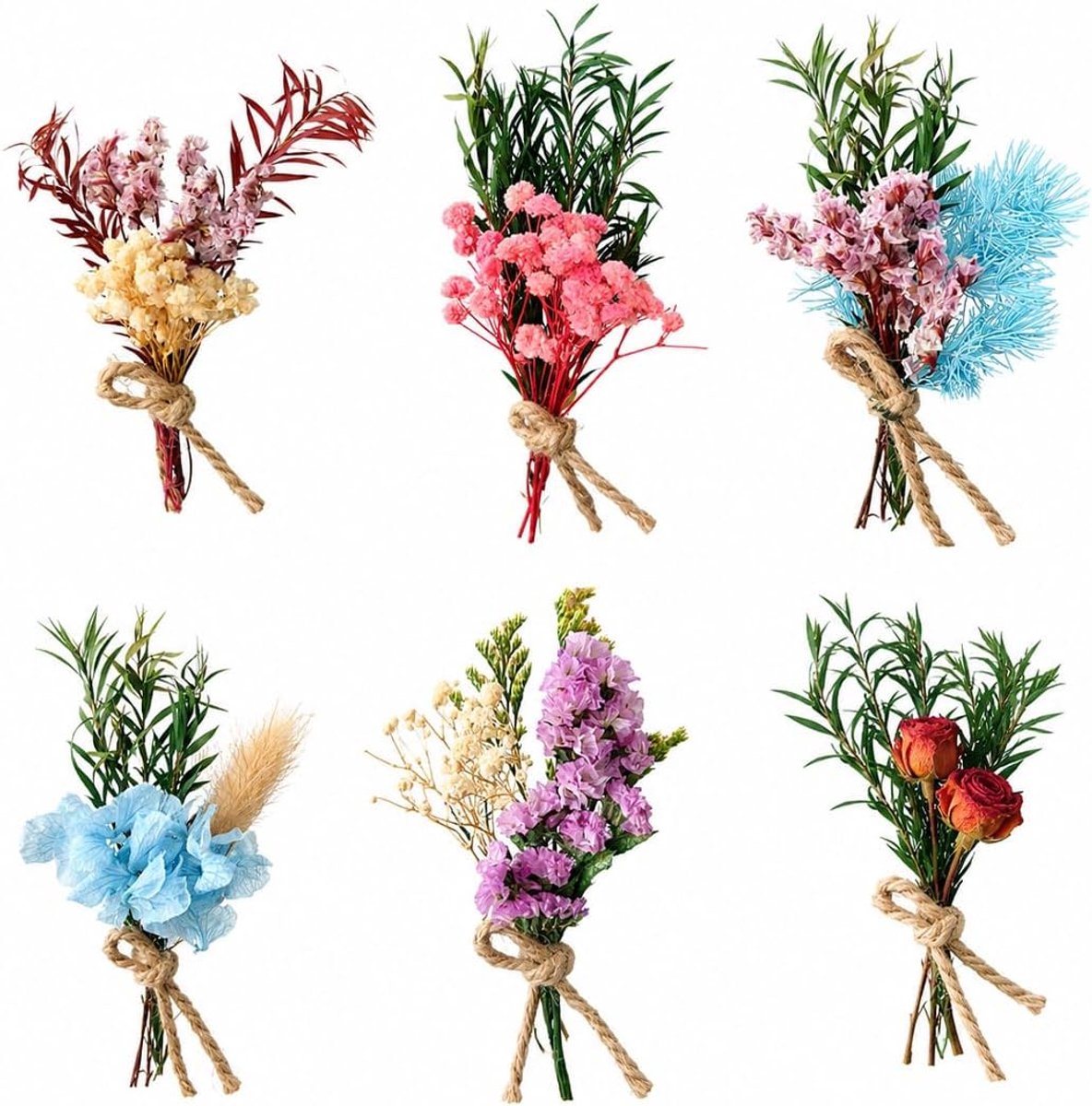 Miniatuurboeketten gedroogde bloemen - 6 stuks - natuurlijke planten - duurzaam en decoratief - ShopVlot