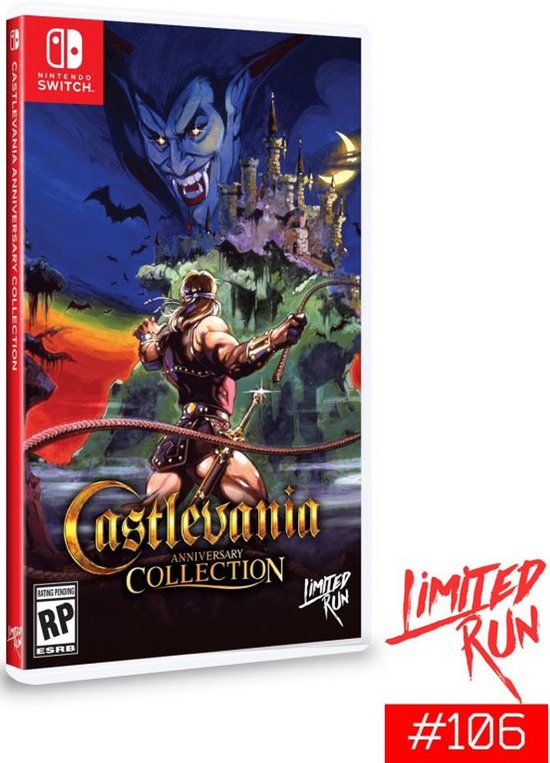 Castlevania Anniversary Collection Nintendo Switch game cover. Dracula torent boven een kasteel. Een man met zweep staat ervoor.