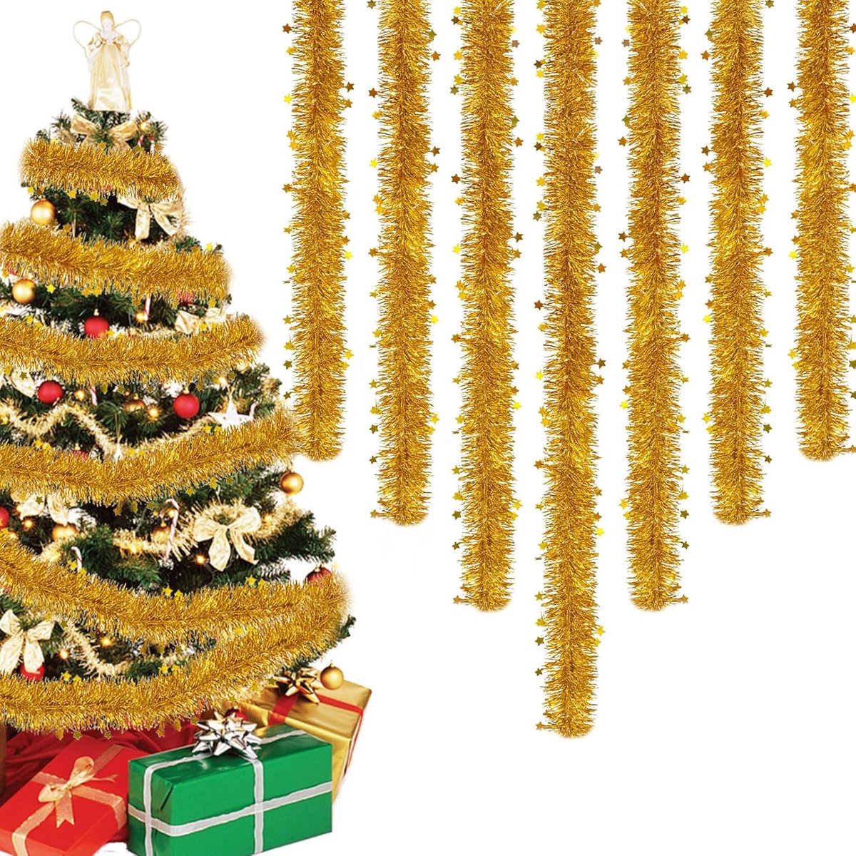 Kerst klatergoud slinger 8 stuks - 16m goudkleurig - versierd met sterren - ideaal voor kerstdecoratie - ShopVlot