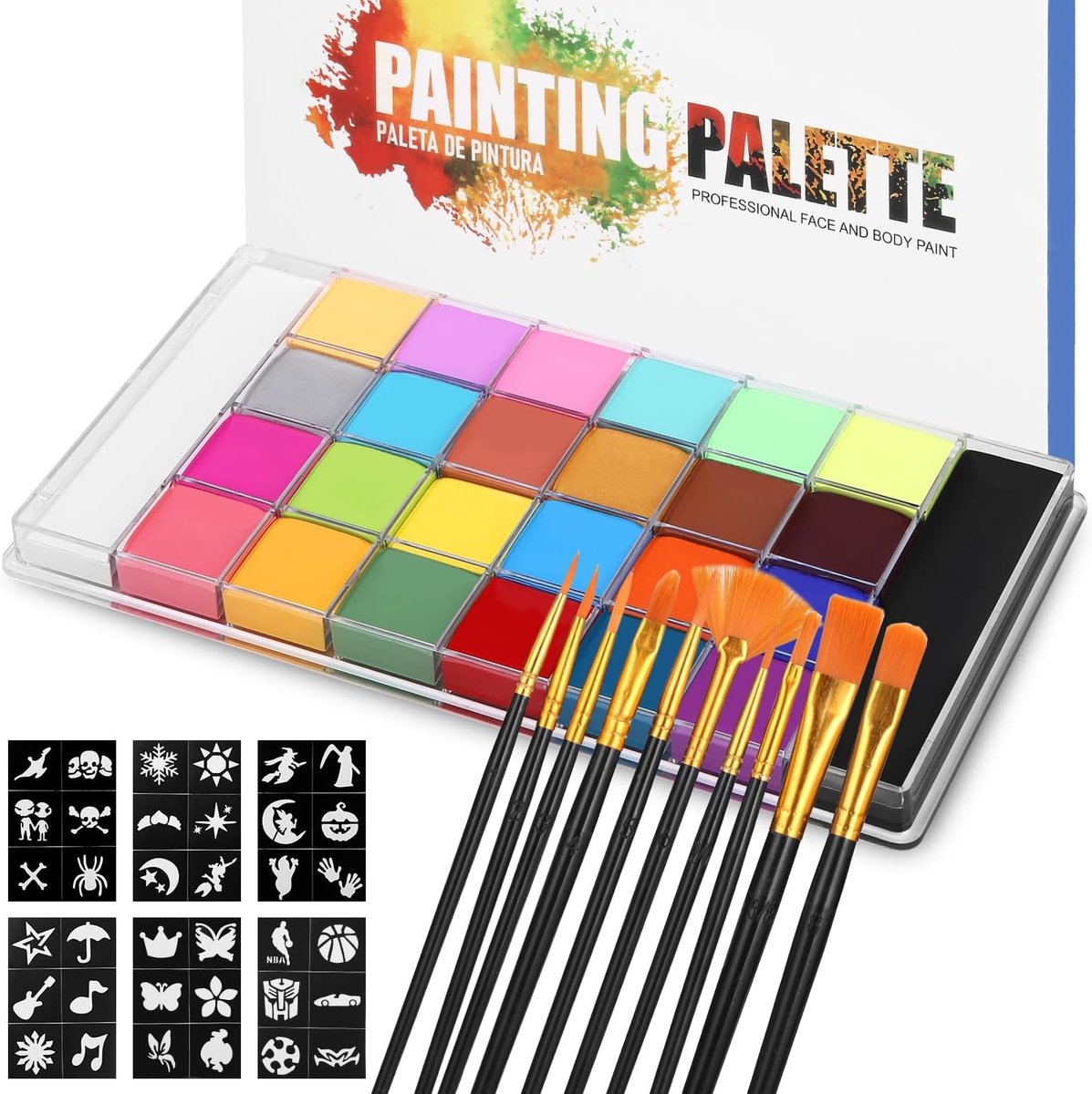 Face paint set 26 kleuren - inclusief 30 sjablonen - 10 houten kwasten - perfect voor creatieve festiviteiten - SnelShoppen