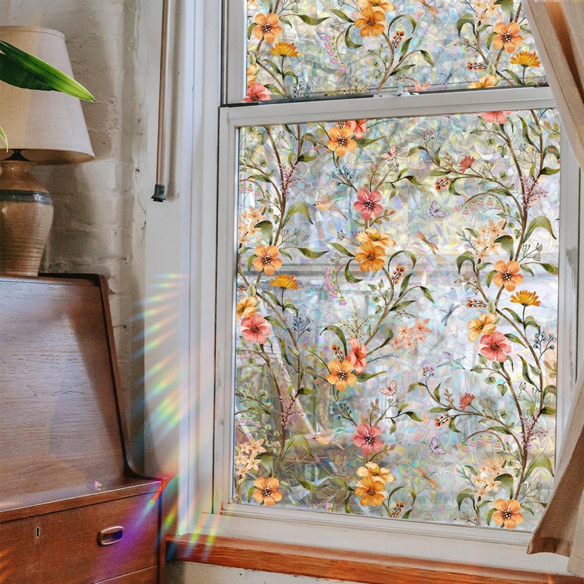 1 Raamfolie - Regenboog Raamfolie - 45x200cm - Privacy Statische Folie - Verwijderbaar en Huurdersvriendelijk - UV-blokkerend en Warmtewerend - Geschikt voor Thuis en Deuren - Zelfklevend Glasdecoratie - 2 m - Kleurrijke bloemetjes – Halfdoorzichtig