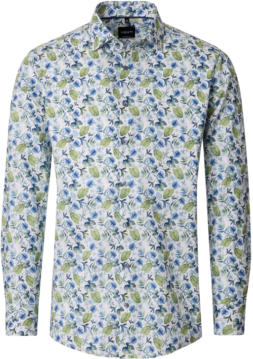 VENTI modern fit overhemd - popeline - wit - blauw - groen dessin - Strijkvrij - Boordmaat: 42 (EU maat: L)