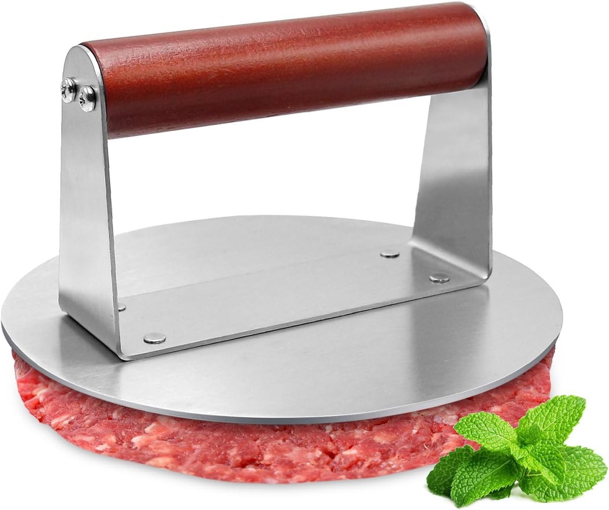 Burgerpers 16 cm - Ronde RVS Burgerpers - Ergonomisch Houten Handvat - Perfecte Burgerpatty's - SnelShoppen