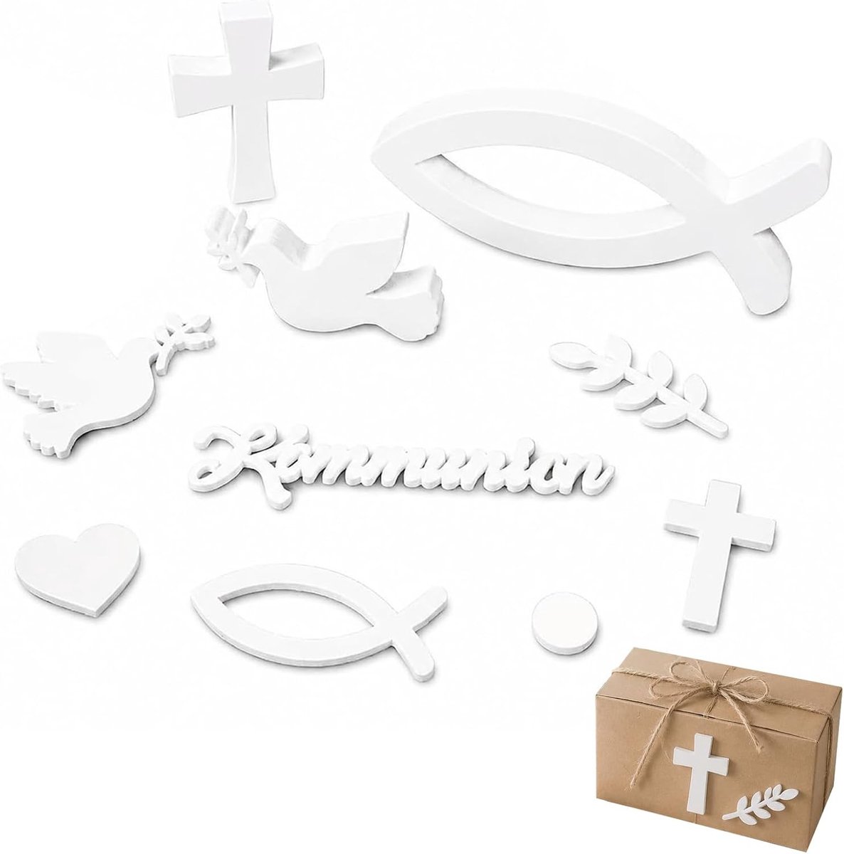 Confirmatie-decoratie 66 stuks - Thema vis & witte duif - Houten kruis & strooidecoratie - SnelShoppen