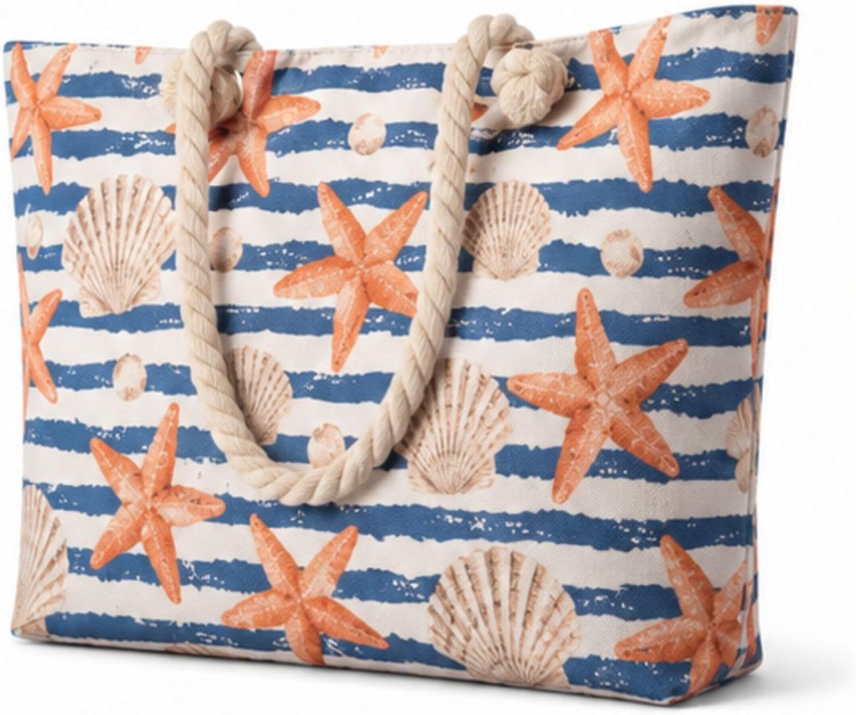 strandtas dames XL - grote tas met ritssluiting - palmbomen, schildpadden, schelpen en zeesterren - ShopVlot