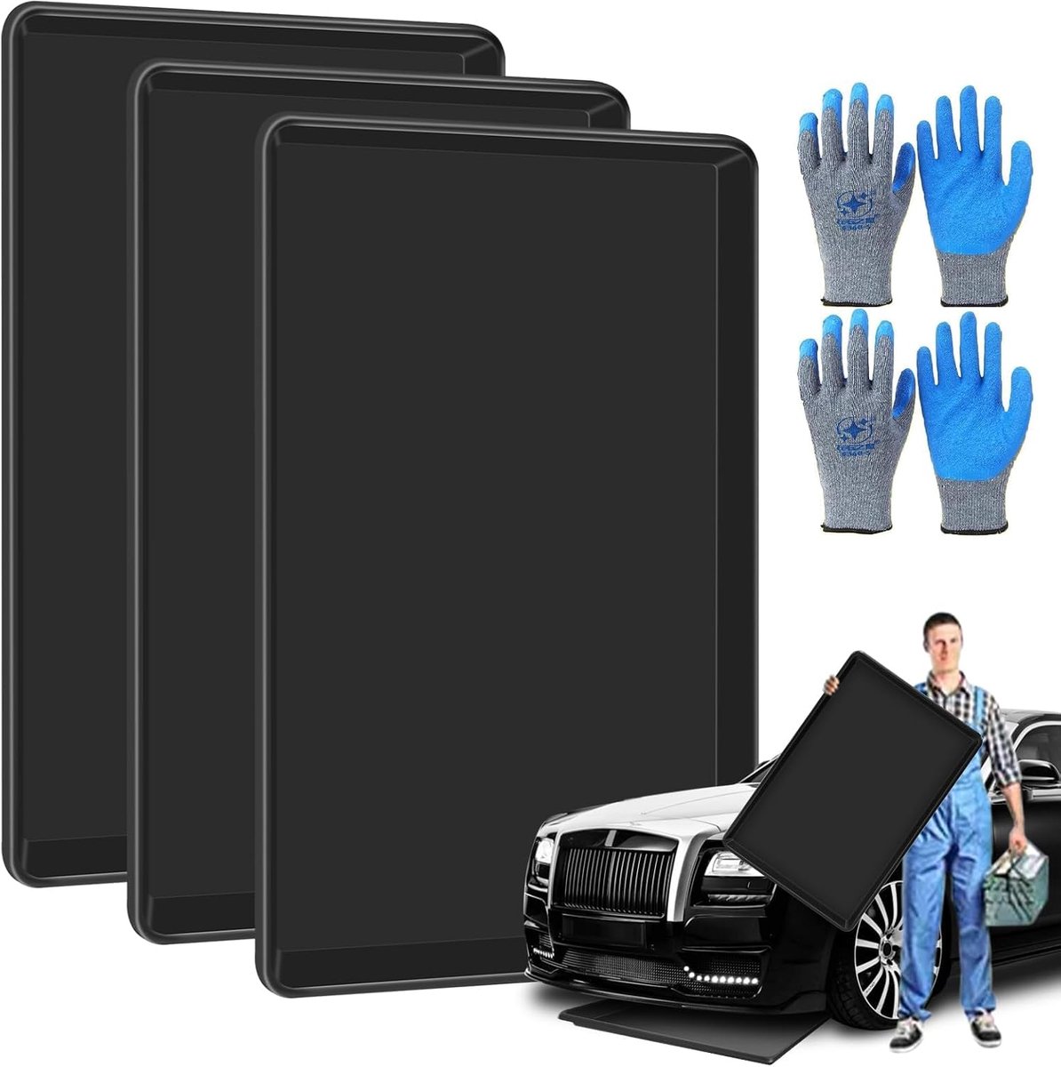 Olie opvangbakken 90 x 60 x 4 cm - Set van 3 - Inclusief handschoenen - Houd garage en oprit schoon - ShopVlot