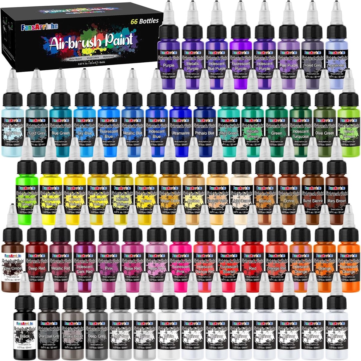 FansArriche Acrylic paint for airbrush, 59 colours + 7 thinners - ShopVlot