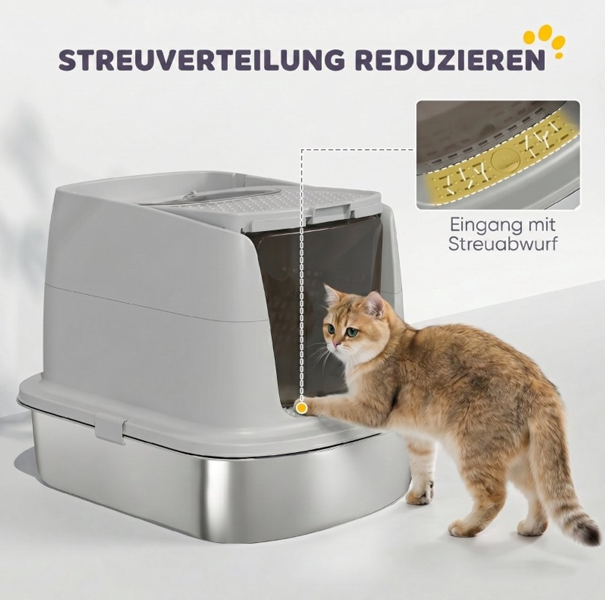 OKWISH Kattenbak – Gesloten Ontwerp – 52,4 x 41,3 x 39,8 cm – Roestvrij Staal – Lichtgrijs – Met Uitneembare Kap En Strooivangrand