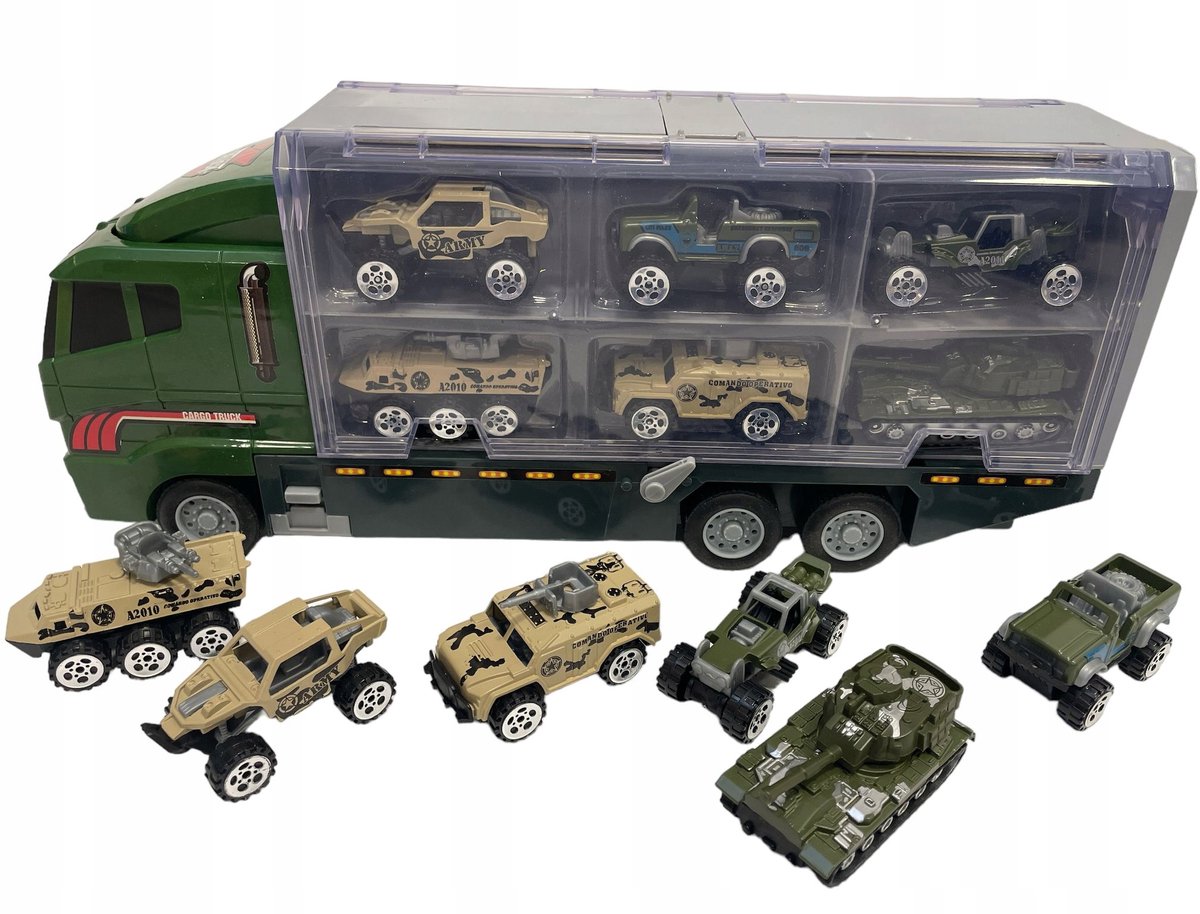 Grote Militaire Vrachtwagen met 6 Voertuigen en Trailer