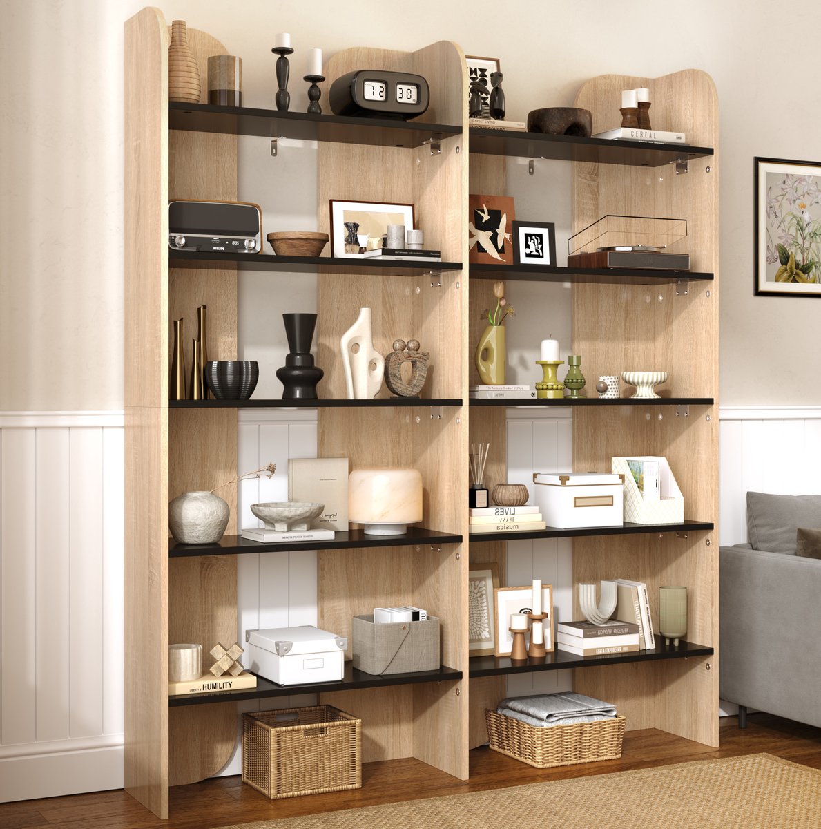 Boekenkast - Open Kast Met 5 Lagen En 160 Cm Hoog - 135 X 25 Cm - Spaanplaat - Naturel Zwart - Vrijstaand Voor Woonkamer En Kantoor