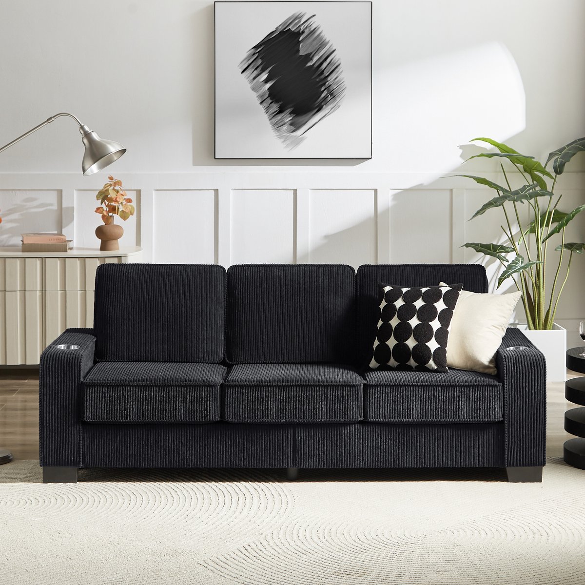 COVREO 3-zits bank 206 cm zwart, cordstof met bekerhouders modern