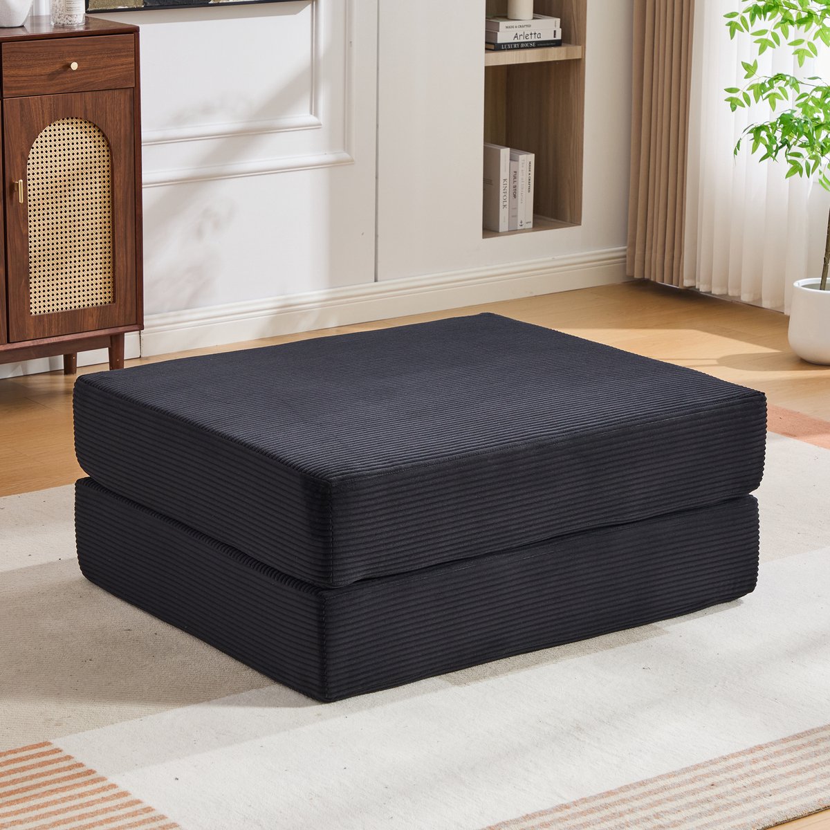 Hocker Opvouwbaar Slaapbank 109 x 95 x 43 Cm Corduroy Zwart Met Hoogdichte Schuimvulling Voor Woonkamer En Logeerkamer