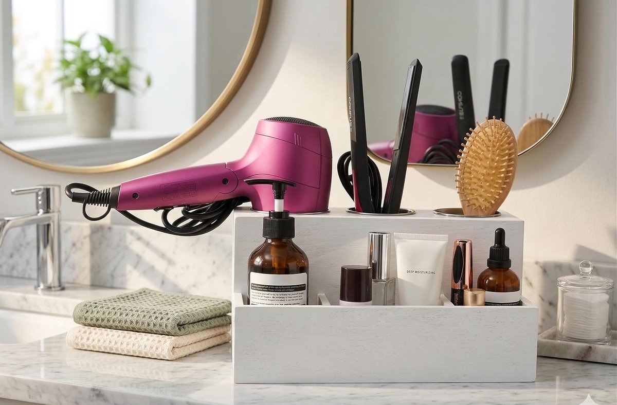 Hair Tool Organiser, Solid Wood, Light Brown and White, Storage for Sink and Bathroom - ShopVlot
