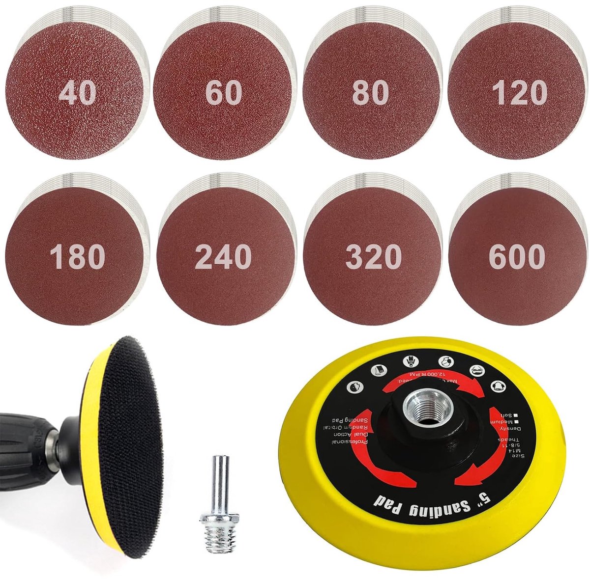 Schuurdisc set 125 mm - 80 schuurpapier schijven - met M14 plaat en schacht - ideaal voor hout en metaal - ShopVlot