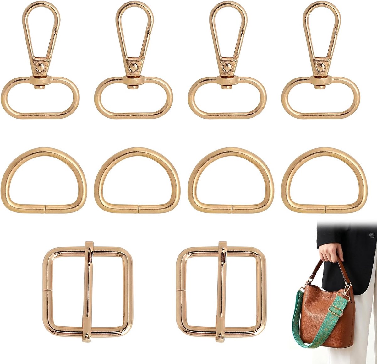10 Pcs Carabiner Hook Set with D-Rings and Triglide Slider, Bag Accessories for Sewing, Gold, Pocket Carabiner 40 - SnelShoppen