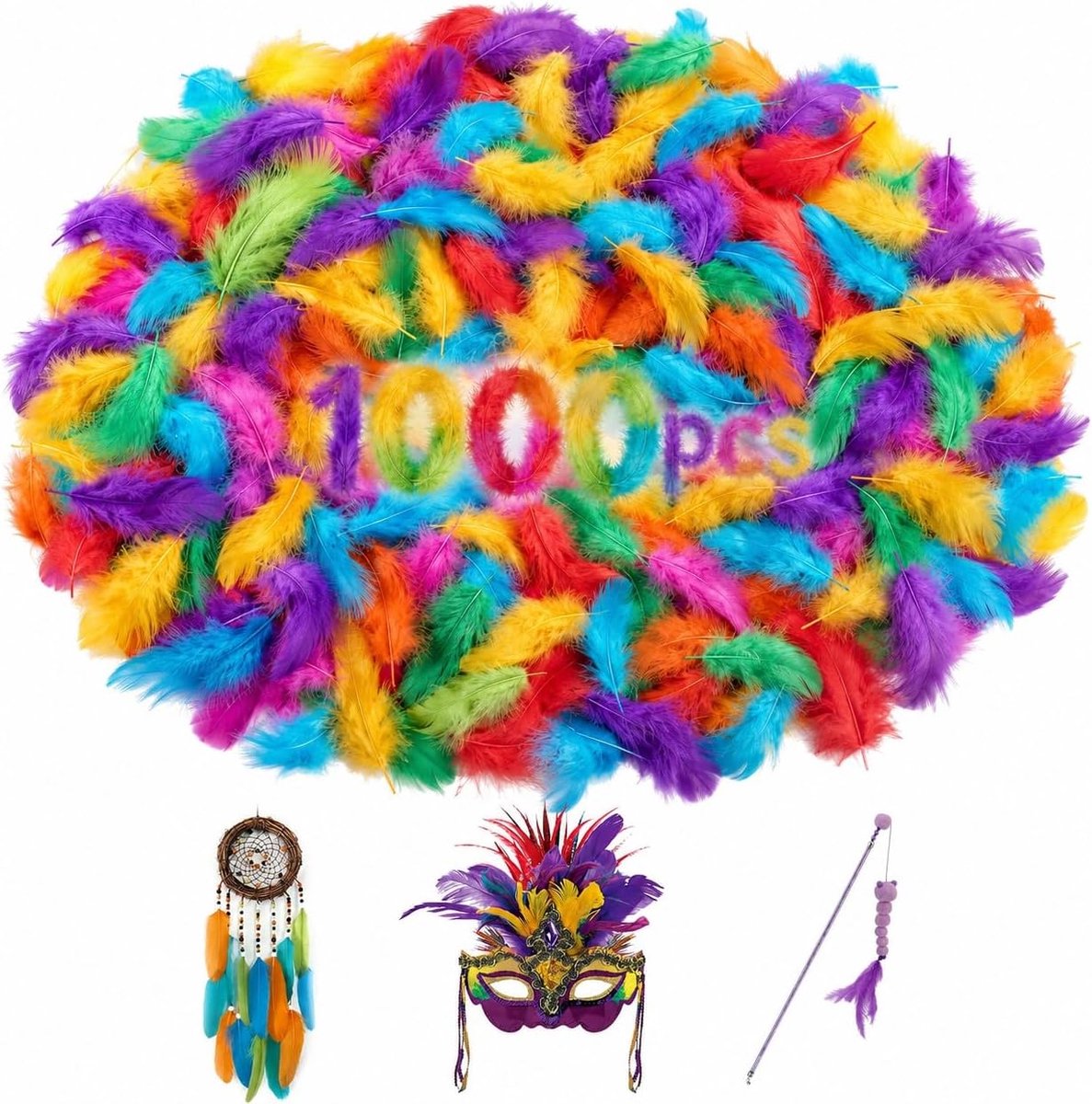 Veerenset 1000 stuks - Kleurrijke decoratieve veren - Voor knutselprojecten - Ideaal voor zelfgemaakte sieraden - ShopVlot