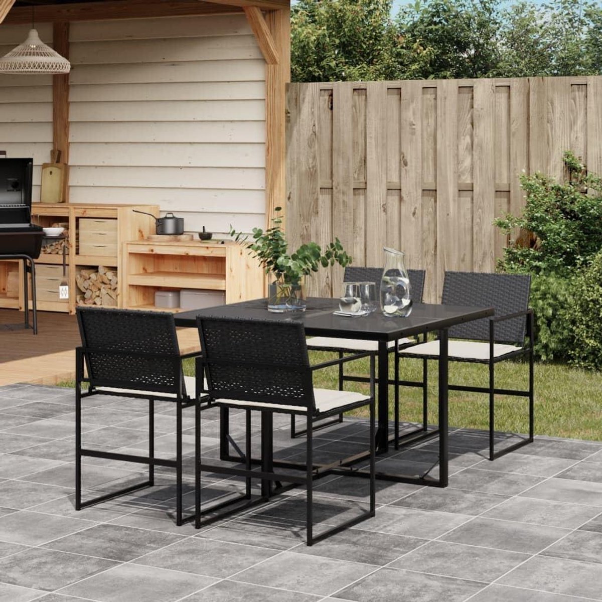 Tuinmeubelset - Eettafelset Terras - Buiten Eten - Inklapbare Stoelen - 5-delig - Zwart
