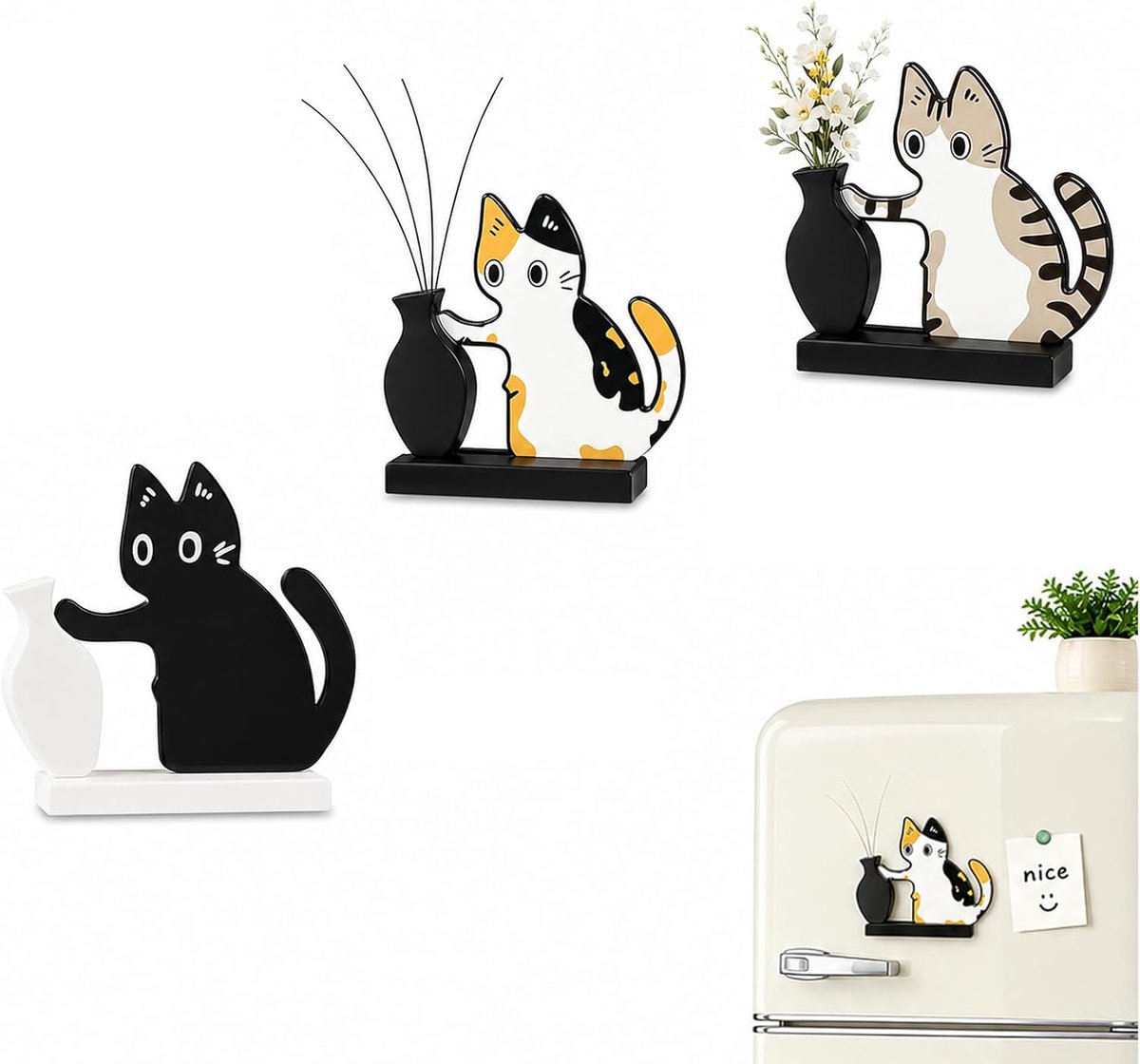 Vazen kat bureau 3 stuks - Magneet koelkast - Vaas voor snor - Wanddecoratie voor keuken en woonkamer - SnelShoppen
