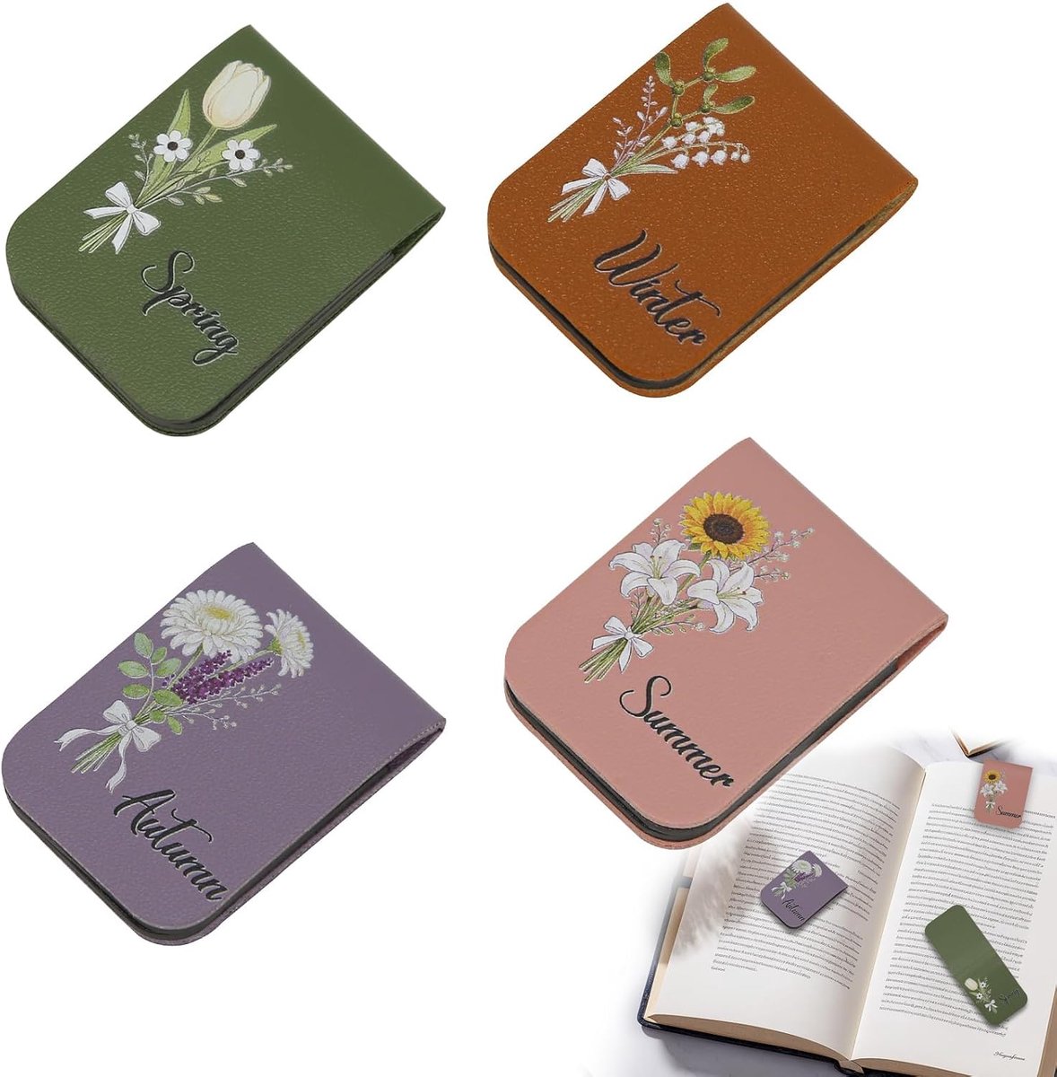 Boekenleggers set voor vrouwen - leren magnetische boekenleggers - bloemige ontwerpen van de vier seizoenen - SnelShoppen