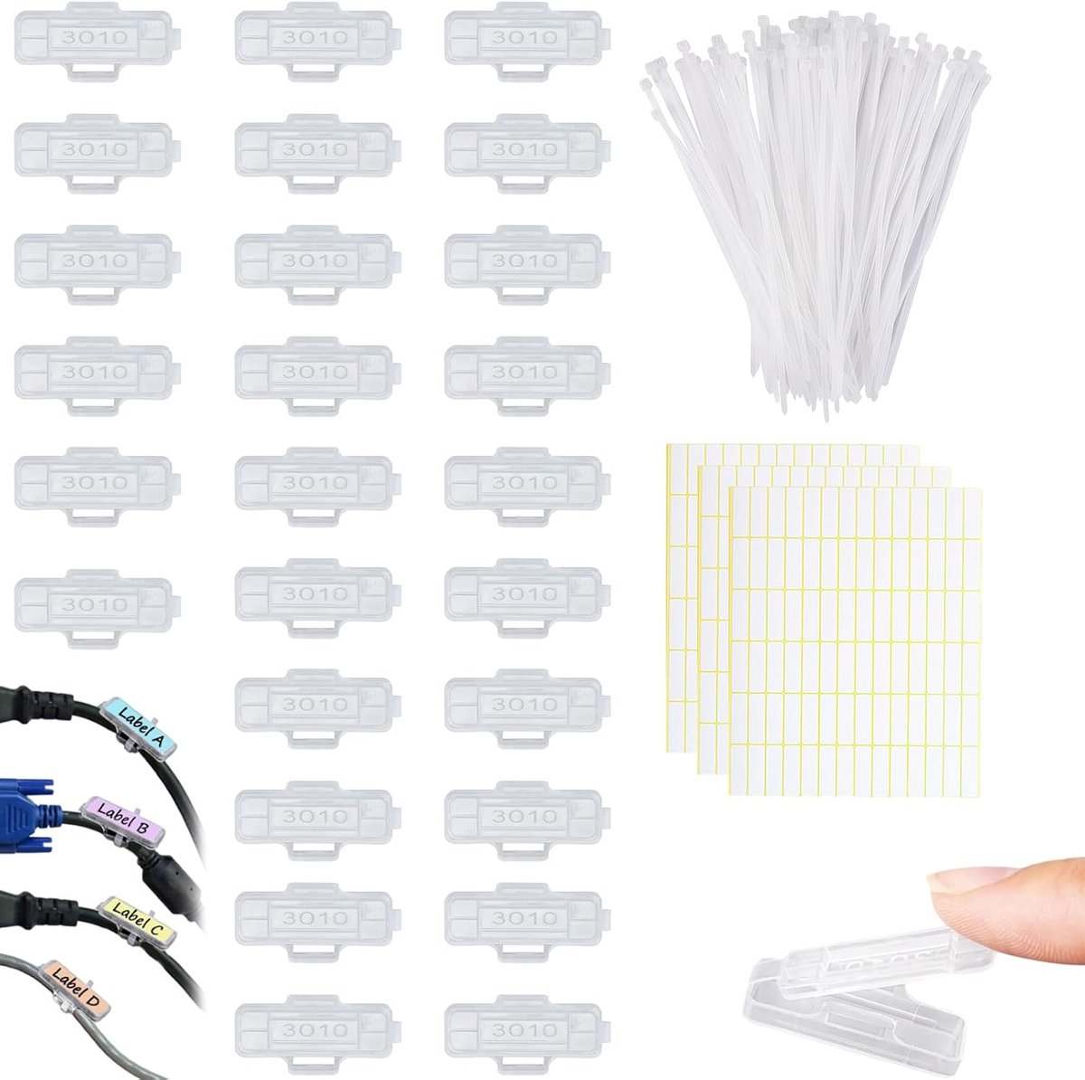 Kabellabels set 200 stuks - 31x10mm identificatielabels - wit - herbruikbaar voor kabelbeheer - SnelShoppen