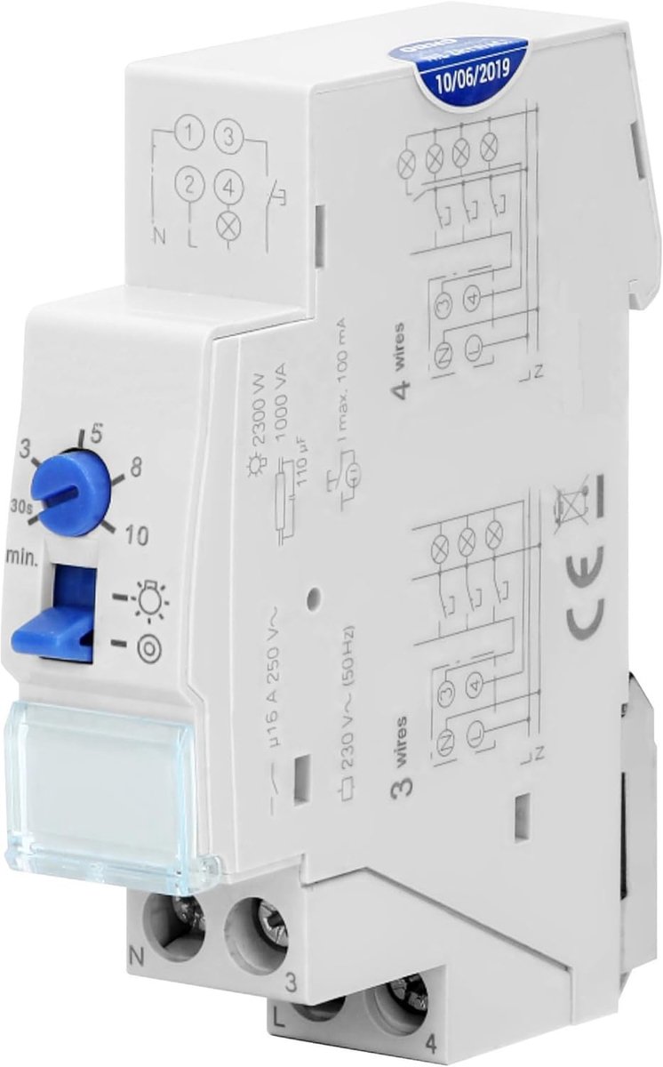 Automatische traplichtschakelaar 230V - DIN Rail 3 of 4-draads - 1 module - continu verlichting in gangen - SnelShoppen